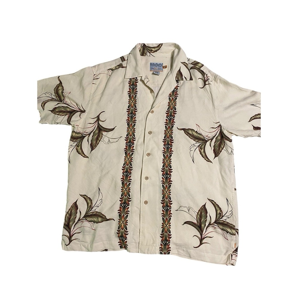 Quiksilver Edition Men M Silk Hawaiian Shirt Cream Floral Panel Camp Beach Surf